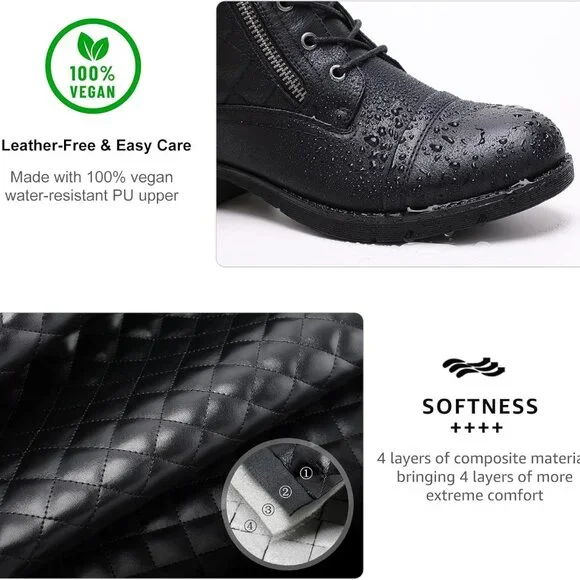 Women's Vegan Faux Leather Combat Booties Ankle Lace Up Rubber Sole